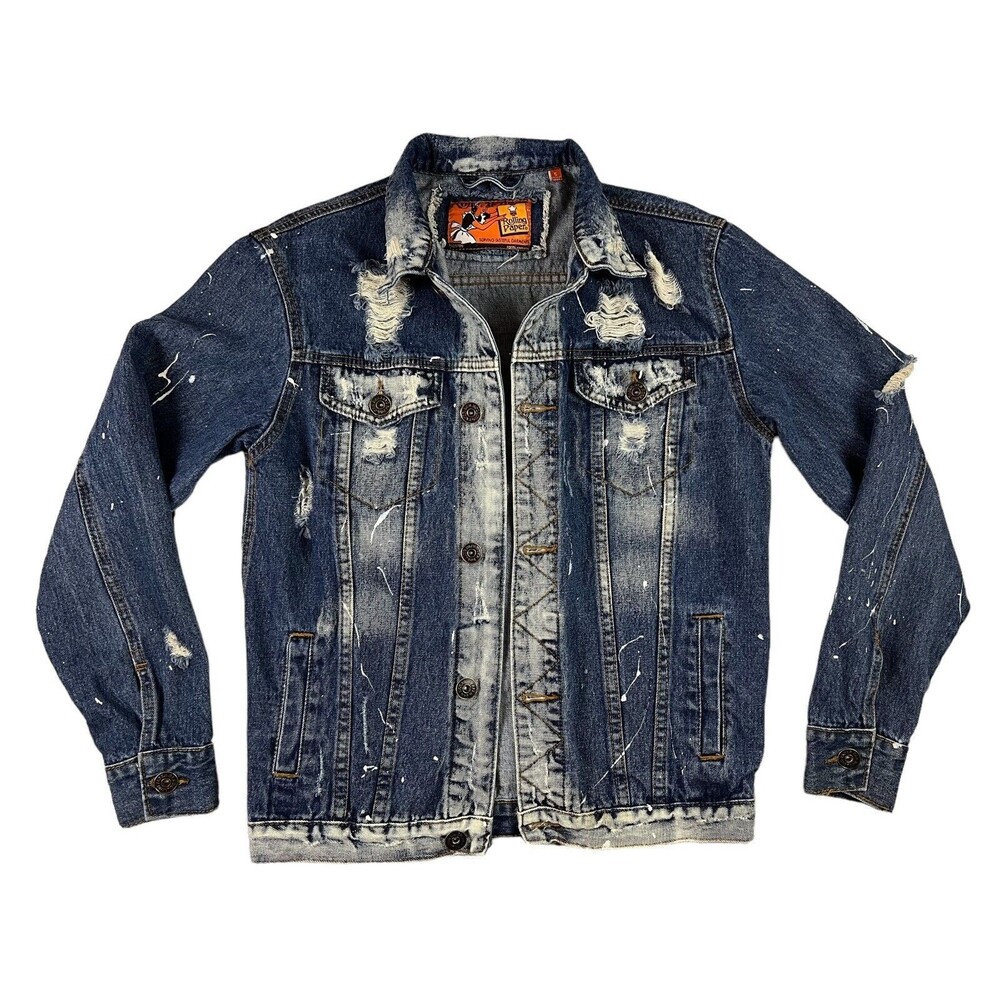 Rolling Paper Denim Jean Jacket  Unisex Size S  Distressed Paint Splatter